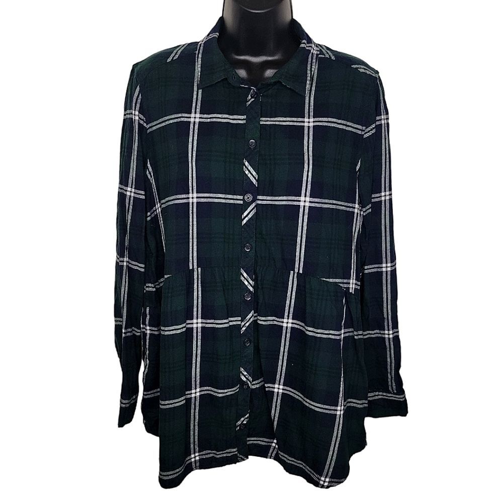 BeachLunchLounge green plaid peplum button up blouse top size Medium